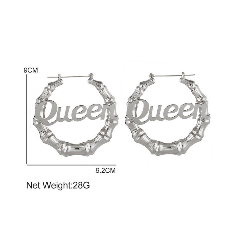 Old English Font Queen Word 9cm Large Bamboo Hoop Earrings
