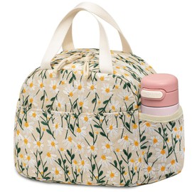 Carry bloom Lunch Box for Women, Insulated Lunch Bag Cute Corduroy Lunchbag Reusable Lunchbox for Work,Daisy Floral