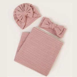 Oaygat Newborn Baby Blanket Soft Swaddle Blankets for Infant Swaddling Receiving Warm Wrap Newborn Receiving Blanket with Bow Hat Headband Set Beanie Hat Nursery Swaddle Wrap for Toddler 0-6 Months