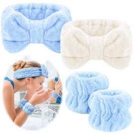 4 Pcs Spa Headband Wrist Washband Scrunchies Cuffs for Washing Face, Towel Wristbands Hair Headband Face Wash Wristband for Women Girls Makeup Prevent Liquids from Spilling (Light Blue, White)