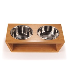 BambooMN Elevated Dog Bowl Feeder - 100% Bamboo Stand, 4 Metal Bowls for Food and Water - Small