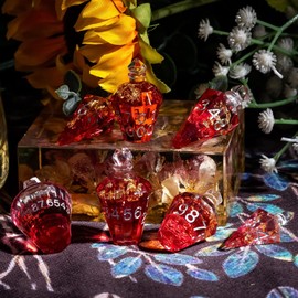 Cusdie 7-Die Sharp Edges DND Dice Set, Potion Shaped D&D Dice, Handcrafted Polyhedral Dice Set, Potion Dice for TTRPG Role Playing Game(Red w/Gold Leaf)