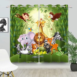 Yeele 26x63inches Animals Blackout Curtain Kids Cartoon Zoo Theme Window Drapes Jungle Safari Wildlife Elephant Giraffe Lion Print Pattern Grommet Window Curtains for Boys Girls Bedroom 2 Panels