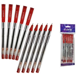 CLARO Lucky Ballpoint Pens, RED, 0.7mm Fine Point, Pack of 10, Smooth Ink Flow, School Home Office Value Pack, ZOFAX Black Ball Pen