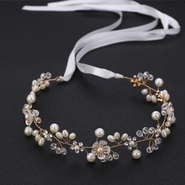 YUEKISEN Flower Wedding Headpiece for Bride Gold Crystal Pearl Beads Hair Vine Bridal Headband Handmade Rhinestone Hair Piece Hair Accessories for Women (Gold, Free size)