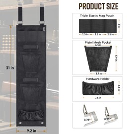 INKUITEN Gun Safe Door Organizer,Handgun Hanger with Elastic Triple Mag Pouch and Mesh Organizer Pockets,Gun Safe Accessories Gun Cabinet Storage,Easy to Install 9.2W*32H Inch