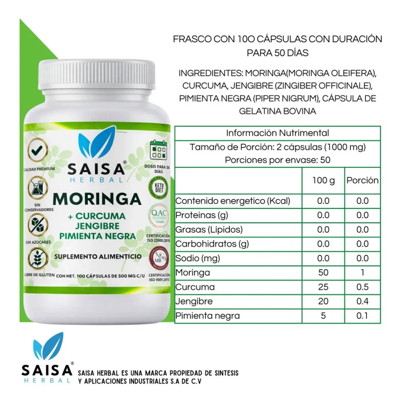 Moringa Cúrcuma Jengibre Pimienta Negra 100 Cáps Saisa Herbal Inmunidad