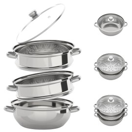 12.8in-3 Tier Stainless Steel Steamer Pot Steaming Cookware with Glass Lid and Steamer Basket, Steamer Grid(Induction Compatible), Food Steamer Pans Kitchen Restaurant Cooker Accessories