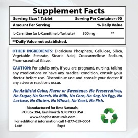 Best Naturals L‑Carnitine Tartrate 500 mg – Supports Energy Metabolism, Endurance & Recovery – 90 Tablets – Non-GMO, Gluten-Free, Soy-Free – Made in USA – New & Sealed