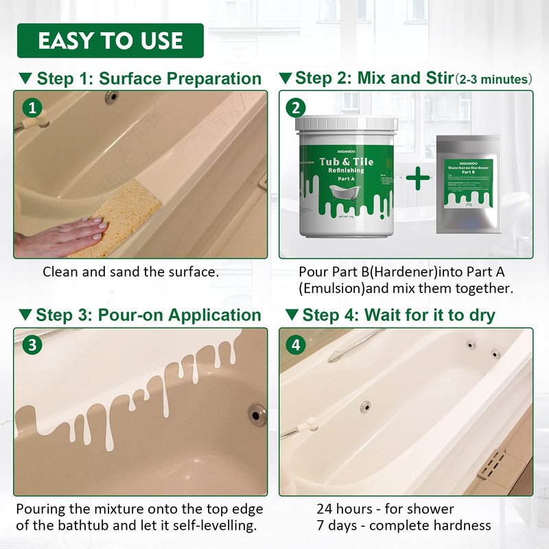 NADAMOO Tub and Tile Refinishing Kit White, Without Tools, 500g/17