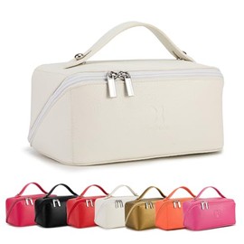 ROYALFAIR Travel Makeup Bag,Large Capacity Cosmetic Bags for Women, PU Leather Waterproof Portable Pouch Open Flat Toiletry Bag Make up Organizer with Divider and Handle, white, 包包