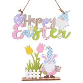 COLOFALLA Pack of 2 Easter Wooden Decoration 1 Easter Wooden Sign Pendant Happy Easter Door Sign and 1 Table Decoration Stand Gnome Flowers Easter Decoration Wood Easter Gift