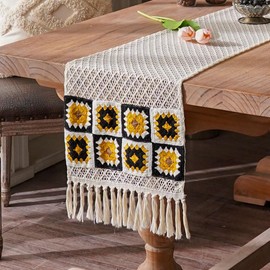 SUTAVIA Natural Cotton Lace Table Runner Black Floral Embroidery Beige Macrame Tassel Boho Table Runners Farmhouse Decor for Home Dining Table Holiday Party (Black Beige, 12"x60")