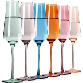 TrophyToast Colored Champagne Flutes Set of 6, Large 8 Oz【Hand Blown】 Crystal Wine Glasses, Lead-Free Colored Wine Glasses Set - Great for All Occasions and Gifts