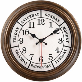 45MinST 12 Inches Retro Wall Clock,Day of The Week Wall Clock,Calendar Day Clock,Silent Non Ticking Battery Operated Movement(Bronze)