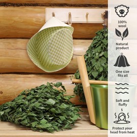 Halsa Sauna Hat, Natural Wool Sauna Hat for Men and Women, Eco-Friendly Insulating Headgear for Spa, Steam Room, Banya, Comfortable, Breathable, Handmade, One Size. Green Checkered