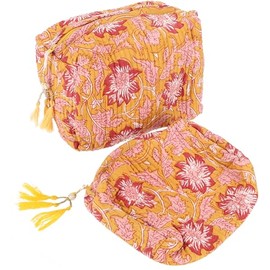 GURU SHOP Boho Cosmetic Bag Set, Wash Bag, Toiletry Bag with Block Print, Yellow, Men/Women, Cotton, 15 x 18 x 10 cm, Small Bags for Cosmetics, Stationery, More, yellow, Casual