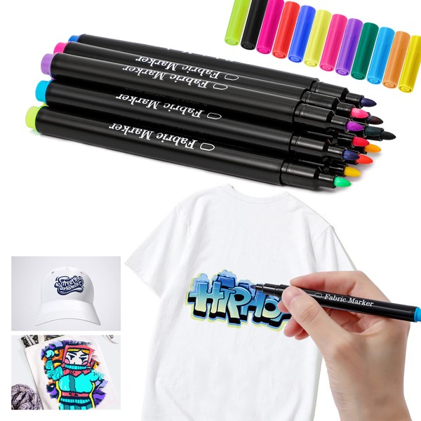 DazSpirit 12 Fabric Pens Permanent for Clothes, Textile Paint Pens, Fabric Markers Machine Washable for White T-Shirt Design, Canvas & CottonTote Bag Shoes Bags Craft Paint for Adults Kids Gift