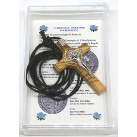 GTBITALY 10.028.90 LACSCA San Benedict Cross Olive Wood with Necklace 4.5 cm with Gift Box and Prayer Chain in Italian Language