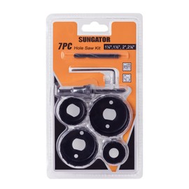 SUNGATOR Hole Saw Set, 7-Piece Hole Saw Kit. 1-1/4", 1-1/2", 2", and 2-1/8" Hole Saw Drill Bit for Wood, Plastic, PVC and Drywall with Arbor, Allen Key and Extra Bit, Carbon Steel