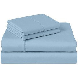 KRISHNA California King Waterbed Sheet Set, 4 Piece Attached Top & Bottom Sheets, 100% Egyptian Cotton, Ultra Soft & Breathable, Fits Up to 15 inch Deep Pocket Mattress, Solid Light Blue