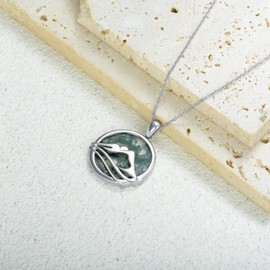 DONGHU 14K White Gold Plated Sterling Silver Moss Agate Mountain Pendant Necklace for Hikers, Climbers and Nature Lovers