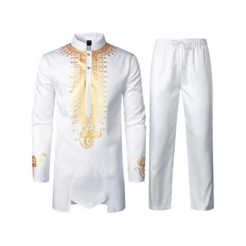 ZEROYAA Men's Africa Suit Long Sleeve Print Dashiki and Pants Outfit Traditional 2 Piece Set White Gold Bead XX-Large