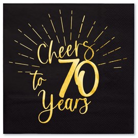 WRAPAHOLIC 50Pcs 70th Birthday Napkins - 3-Ply Disposable Paper Cocktail Napkin, Black and Gold Foil Cheers to 70 Years - 5 x 5 In