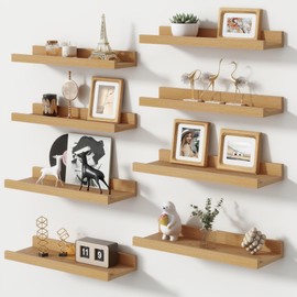 Picture Ledge Shelf, Small Floating Shelves Set of 8, 16 Inches Nursery Book Shelves for Toys Storage, Kids Bookshelf Wall Mounted for Living Room Bedroom Decor Books Photo Frames, Natural Oak