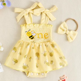 LYSINK Baby Girl 1st Birthday Outfit Sleeveless One Letters Tie-Up Tulle Romper Dress with Bow Hairband Infant Summer Clothes (Bg Yellow, 12-18M)