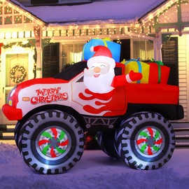 COMIN 7.5 FT Length Christmas Inflatables Truck Outdoor Decoration Blow Up Santa Claus with presents on Truck with Built-in LEDs for Yard Lawn Garden Decorations