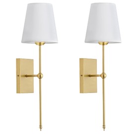 GLADFRESIT Set of 2 Slim Wall Sconces with White Fabric Shade, Gold Bronze Base Indoor Wall Light Fixtures for Bedroom Bedside Bathroom Vanity Light Living Room