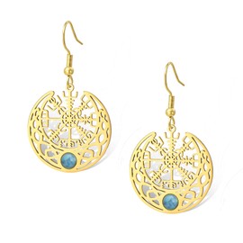 Norse Viking Earrings Stainless Steel Compass Vegvisir Dangle Crescent Moon with Turquoise Celtic Knot Talisman Amulet Jewelry (gold earrings)