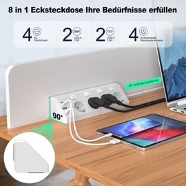 Ecksteckdose mit USB, 4 Fach Steckdosenleiste mit Schalter, Mehrfachsteckdose Steckerleiste mit 2 USB und 2 Type-C, 8 in 1 Überspannungsschutz mit 2M Kabel für Smartphones Tablets, Hause, Weiß