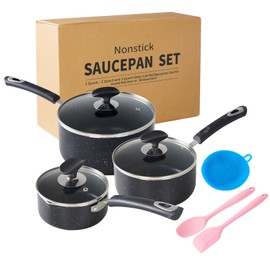 HooJay Nonstick Saucepan with Lid, Non Stick 1Qt & 2Qt & 3Qt Sauce Pan Set with Silicone Handle,Small Milk Pot with Glass Lid for Home Kitchen,Black