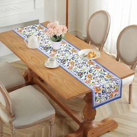 Fingercraft Cotton Linen Table Runner – Light Natural , Fabric Table Runners for Fall, Thanksgiving, Christmas, Holiday (13x90, Blue Floral)