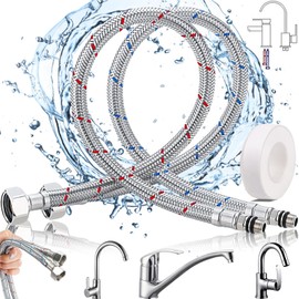 Brateuanoii Set of 2 Connection Hose Fitting G3/8 x M10-60 cm, Flexible Hose Extension, Reinforced Hose, Stainless Steel Reinforced Hose, Tap, Sanitary Tap Hose, with PTFE Tape