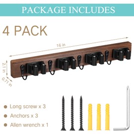 Chunful 4 Pack Mop and Broom Holder Wall Mount, Rustic Wood Broom Hanger with 4 Slots & 4 Hooks, Wall Mounted Garden Tool Rack Organizer for Bathroom Kitchen Closet Garage Room Office