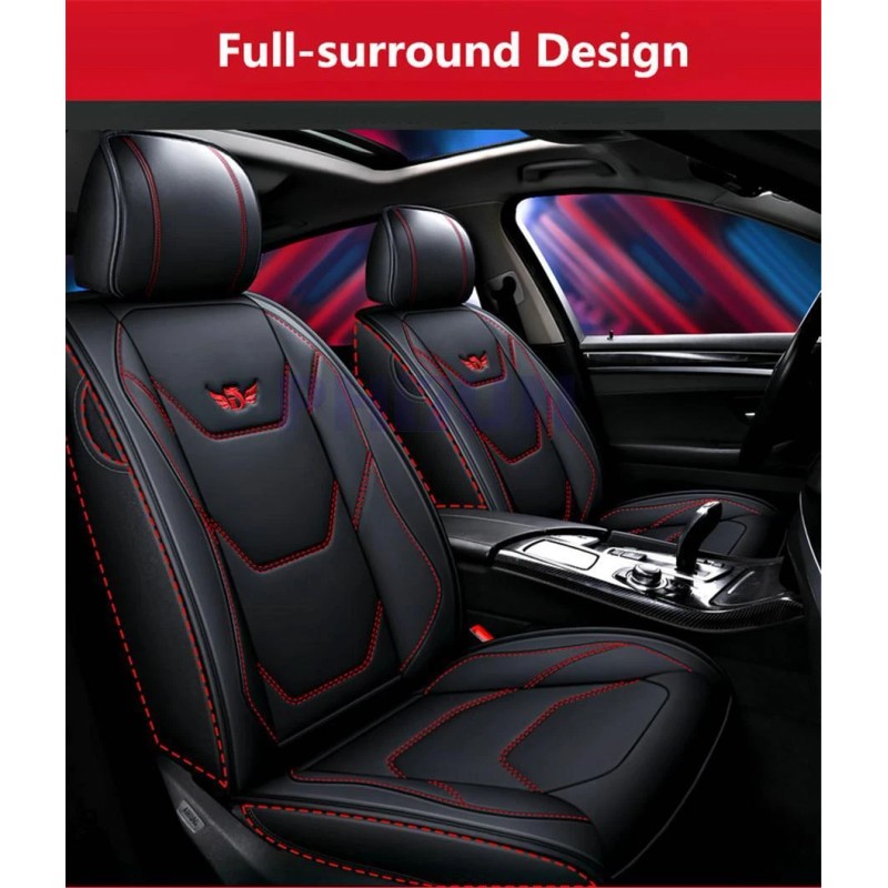 Black Red PU Leather Car Seat Cover Front + Rear