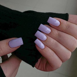Lilac Press on Nails Medium Short Square,Xcreando Glue on Nails Solid Glossy Medium Nails Full Cover Acrylic Fake Nails for Women and Girls Daily Wear 24 Pcs