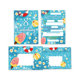 Minkocards 12 Invitation Cards for 8th Children's Birthday Swimming Pool Swimming Boys Girls Invitation Eighth Birthday Including 12 Envelopes, 12 Party Bags / Natural, 12 Stickers