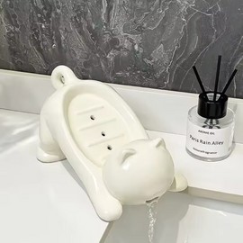 Cute Cat Drain Soap Holder - Self Draining Plastic Soap Dish for Bathroom