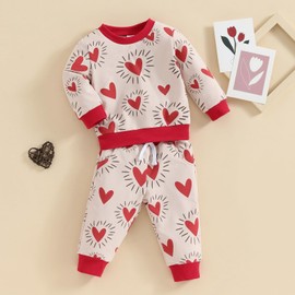 Amnnchya Valentines Day Toddler Baby Girl Boy Outfit Heart Long Sleeve Sweatshirt Pants Infant Girls Boys Spring Clothes (Khaki Love, 0-6 Months)