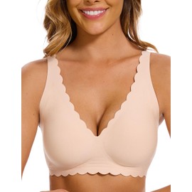 Yutdeng Women's Wireless Bras V Neck Scalloped Bra Non Wired Bra Bralettes with Soft Support Comfort Full Coverage Padded Seamless Bra Ladies Push Up Bra Everyday Bras,Beige,L