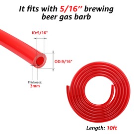 10ft Beer CO2 Gas Line Tubing for Kegerator ID 5/16" Keg Gas Line Red PVC CO2 Gas Hose with OD 5/16" Barb Fittting for Draft Beer Home Brewing