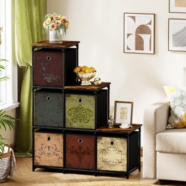 VASICAR 6 Drawers Pattern Organizations Storage Cabinet, Decorative Storage Cube Chest, Small Dresser, Stand Nightstand for Bedroom, Living Room, Closet, Entryway, Hallway, Nursery, Dorm-Wood Top