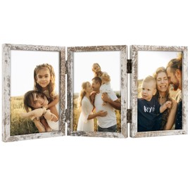 Frametory, Triple 4x6 Hinged Picture Frame in Distressed White - Stand on Desktop or Tabletop - Definition Glass - Classic Display for Photos and Memories