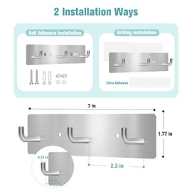 RELBRO Key Holder Wall Mount, Silver Small Key Hanger Self Adhesive Key Rail with 3 Key Hooks Metal Key Rack Organizer for Doorway Entryway Hallway Camper RV 2 Installation Options