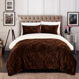 Chic Home CS5116-AN 3Piece Josepha Pinch Pleated Ruffled & Pin Tuck Sherpa Lined Bed in A Bag Comforter Set Brown, King