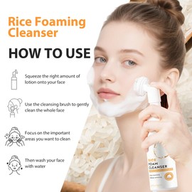Rice Facial Cleanser, Exfoliation Foaming Face Wash & Makeup Remover, Hydrating Face Moisturizer Foaming Cleanser Deep Cleansing for Rougher and Oily Skin (with Built-in Face Brush), 150 ml